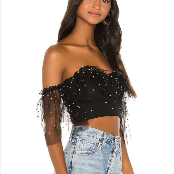 CAMILA Coelho Revolve Suza Crop Mesh Sleeve Top in Black Multi Pearl Dot Large - Picture 3 of 8